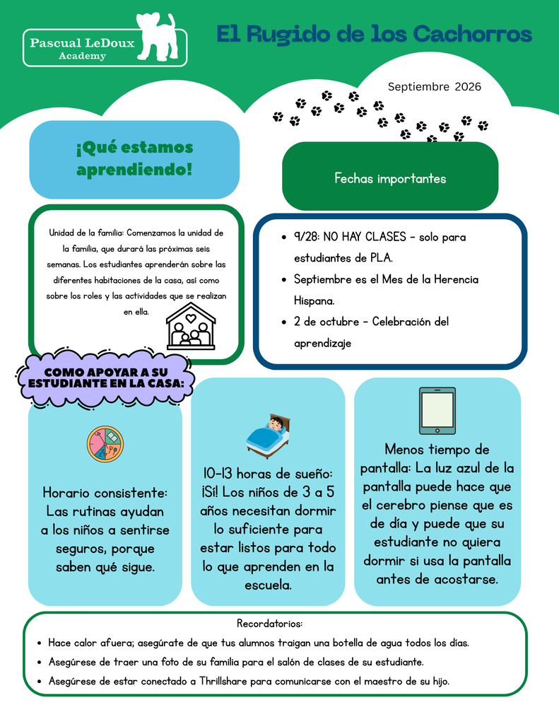 A colorful infographic features icons of a paw, a house, a person, and a book. Text includes "El Rugido de los Cachorros" and "Como apoyar a su estudiante en casa" with dates and times.