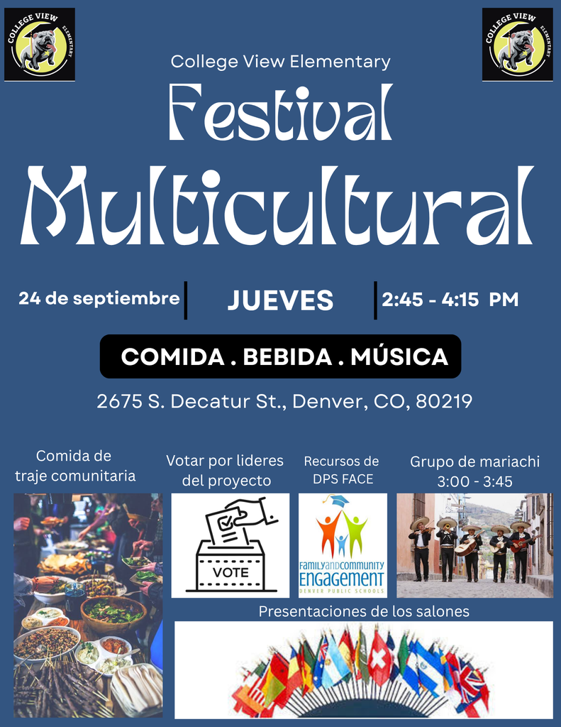 Blue poster. "Festival Multicultural" in bold white text. "COMIDA. BEBIDA. MÚSICA" below. Icons show food, voting, people, flags. Address and date/time.