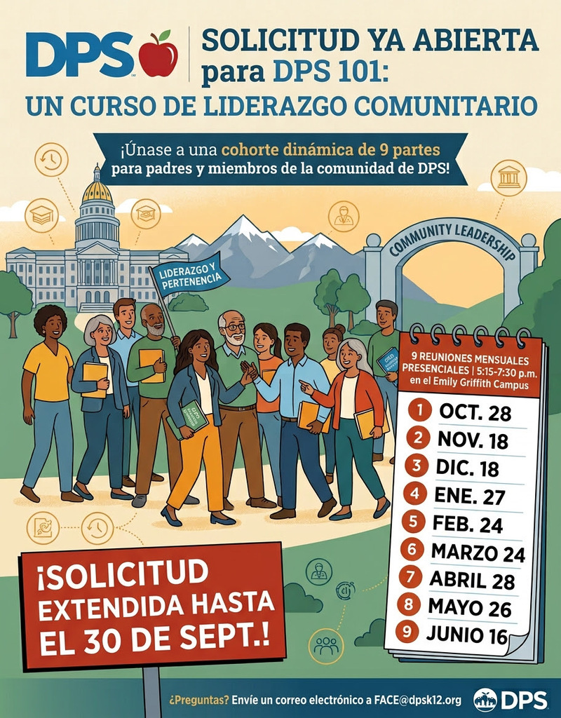 Illustration of people walking and holding books, with a building and mountains in the background. A text reads, "Solicitud ya abierta para DPS 101: Un curso de liderazgo comunitario."