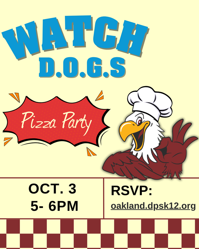 A flyer with a chef hat-wearing eagle, event name "WATCH D.O.G.S Pizza Party," and RSVP link.