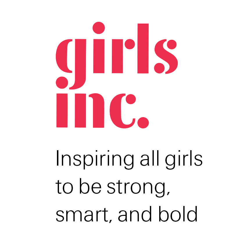 Red text on white reads "girls inc." Below is a statement in black, "Inspiring all girls to be strong, smart, and bold."