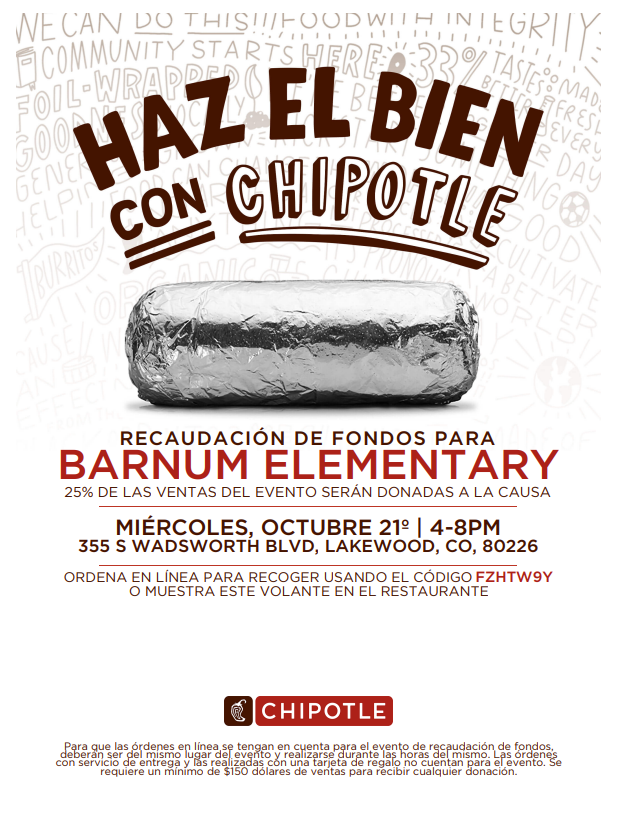 An advertisement for a fundraiser features a burrito with the title "Haz El Bien Con Chipotle." It includes details about the event.