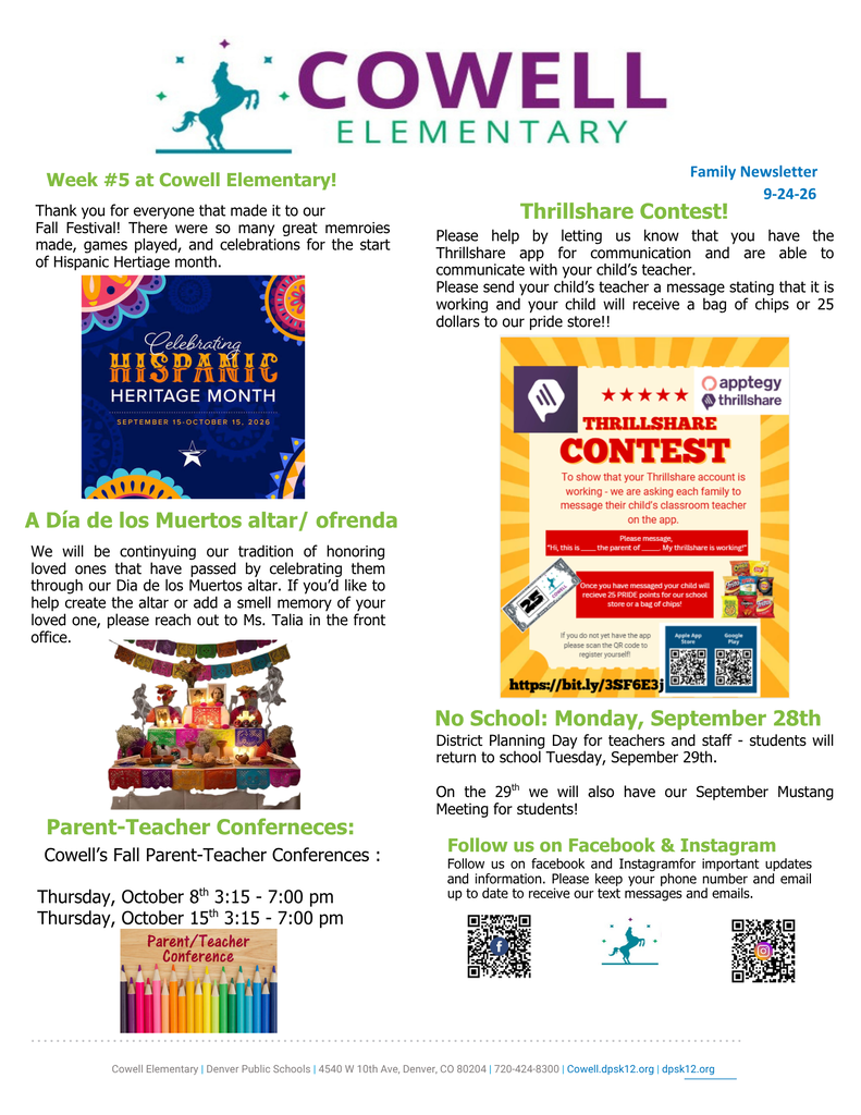 A school newsletter shows a Hispanic Heritage Month altar, a Thrillshare contest poster, and Parent-Teacher Conference dates.