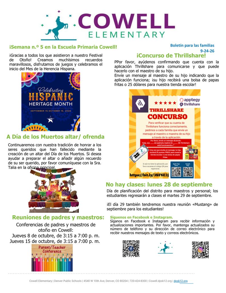 Bilingual document for Cowell Elementary School. It features two columns, left with 'Hispanic Month', right with 'Concurso de Thriller'. A colorful drawing on the left, a red flyer on the right.