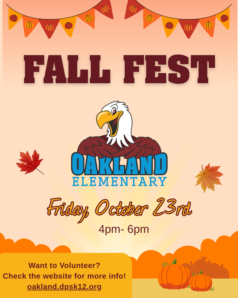 A poster with a colorful autumn theme. It features an eagle, pumpkins, and leaves. It reads "FALL FEST" and "OAKLAND ELEMENTARY".