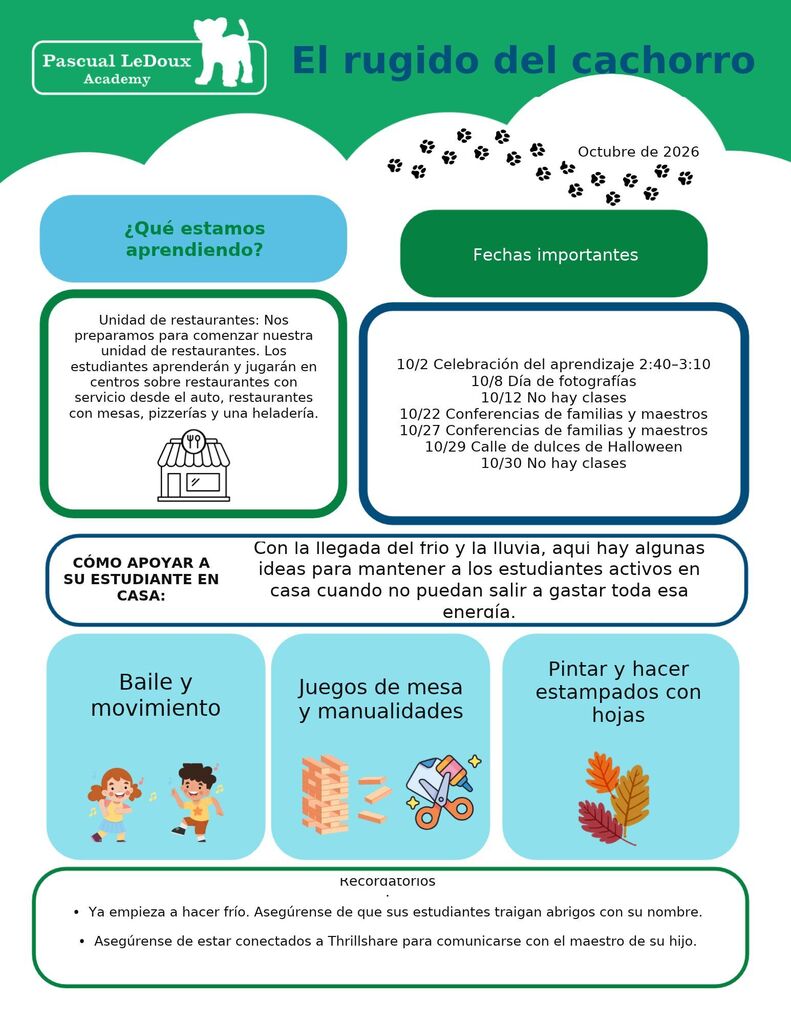 An informational poster displays text and icons. It reads "El rugido del cachorro" with a dog paw print. Sections include "¿Que estamos aprendiendo?" and "Fecha importantes" with dates and activities.
