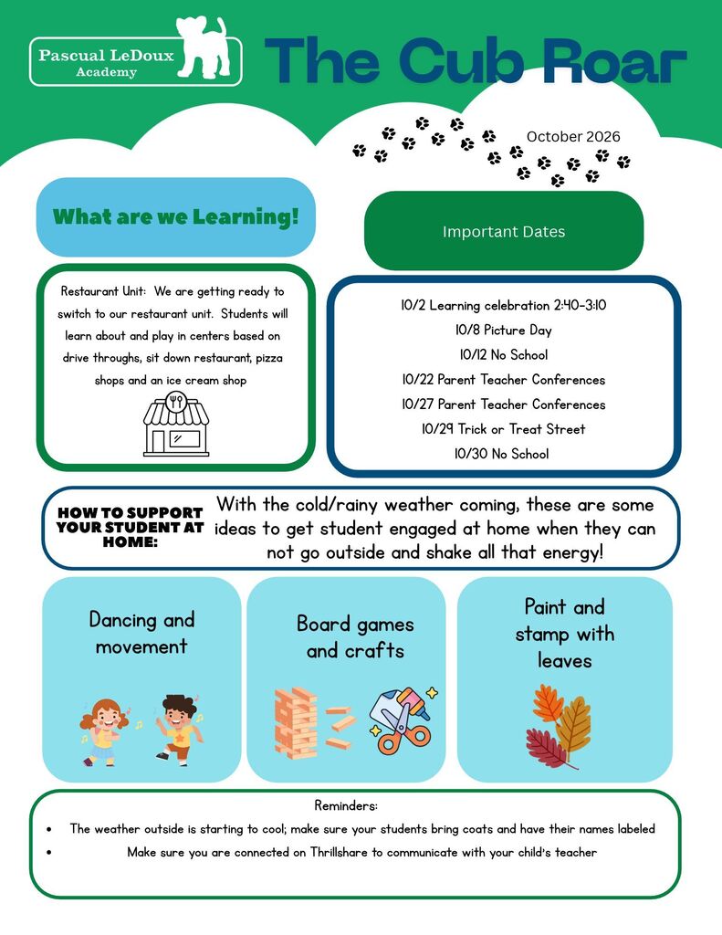 A green and white page titled "The Cub Roar". It includes sections on "What we are Learning!" and "Important Dates".