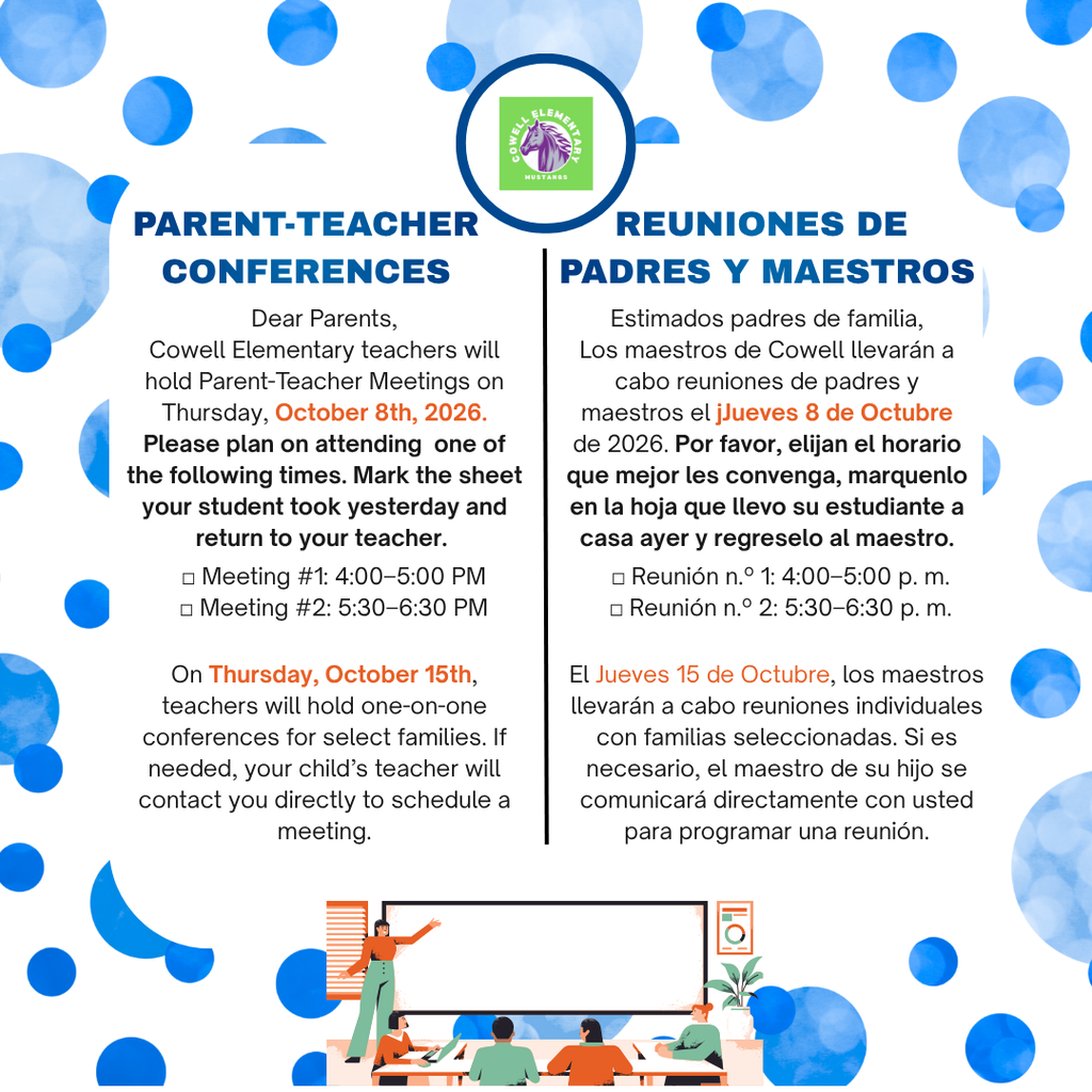 Flyer with blue dots and a drawing of people sitting at a table. Details for parent-teacher conferences and reunions.