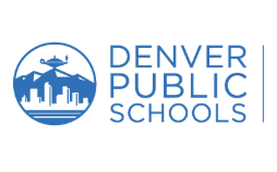 The logo for Denver Public Schools features a cityscape with mountains, a helicopter, and the text "Denver Public Schools" in blue.