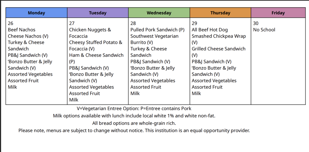 Weekly menu from Monday to Friday includes options like Beef Nachos, Chicken Nuggets, and assorted vegetables.