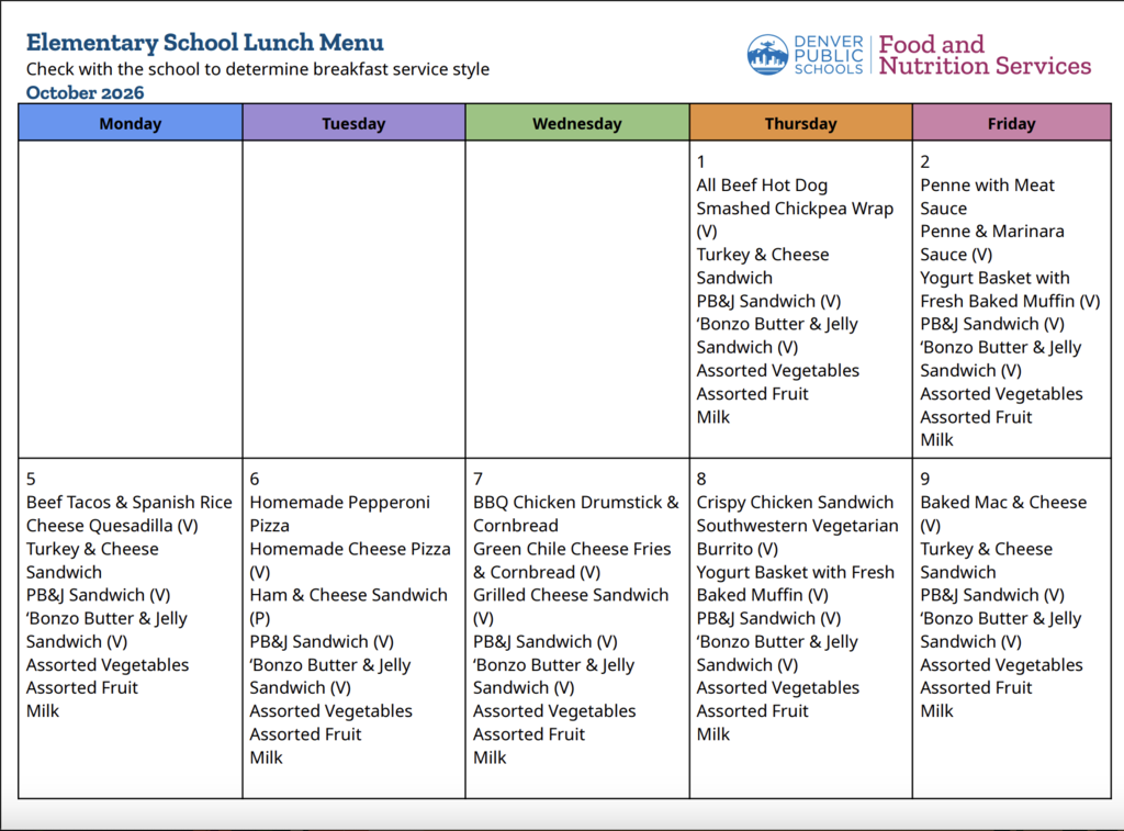 A table displays the weekly lunch menu for elementary school. Columns show the days of the week. Each row lists lunch options and drinks.