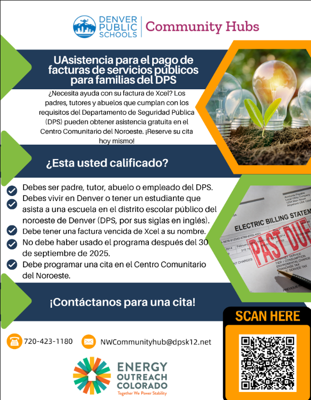 A flyer includes text, a light bulb image, and a QR code. The flyer title reads "Community Hubs" and "Uasistencia para el pago de facturas de servicios pĂşblicos."