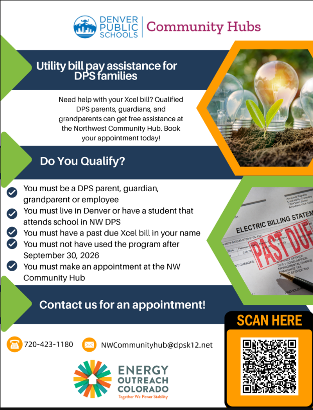 Flyer with hexagonal shapes; text: "Utility bill pay assistance for DPS families"; green plant image; QR code.