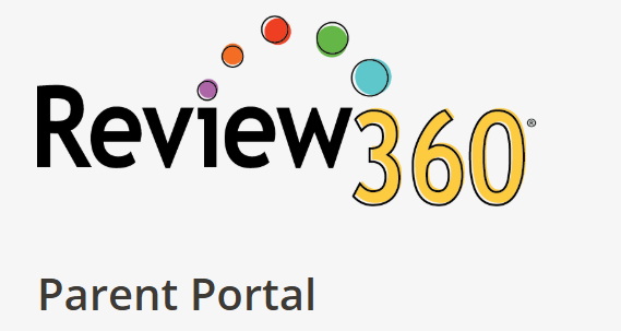 Logo for Review360 Parent Portal, featuring colorful dots above the text "Review360" and "Parent Portal" in black and yellow.