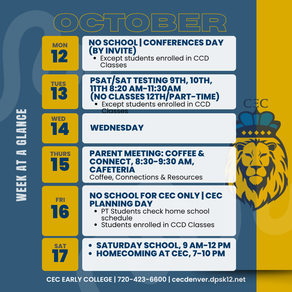 Calendar for October highlights key dates: Mon 12, no school, Tues 13, testing, Wed 14, parent meeting, Thurs 15, Fri 16, CEC planning day.