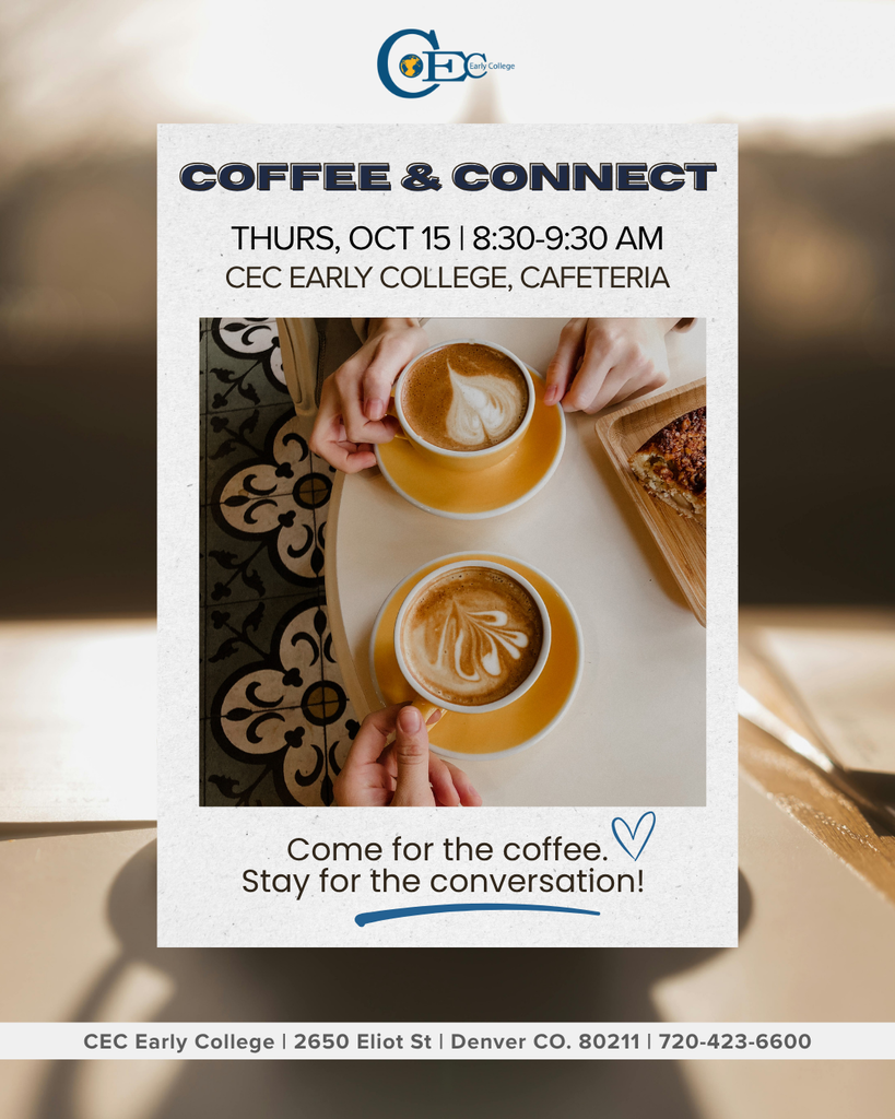 An event flyer features two cups of coffee on a patterned surface. Text reads "Coffee & Connect" with date and location.