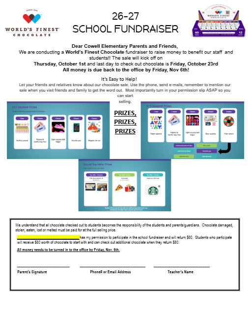 A document invites parents and friends to a school fundraiser. It lists dates and a process for checking out chocolates and mentions prizes.