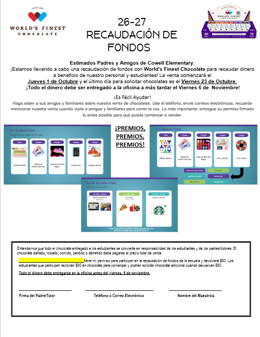 Document showing a flyer for a fundraiser event. Spanish text and English text included. Includes a table of donation levels and rewards.