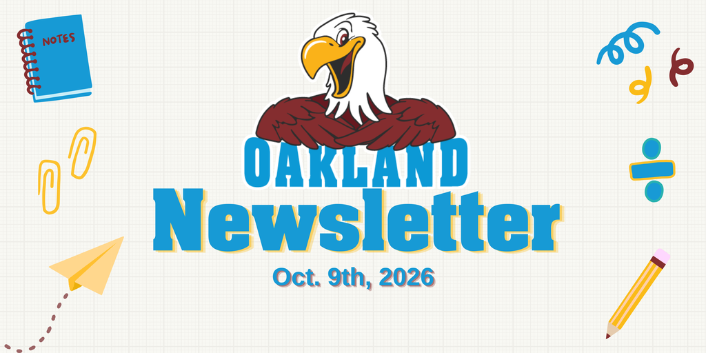 Newsletter header with an eagle, text, and school icons. Background is white. Title reads "Oakland Newsletter".