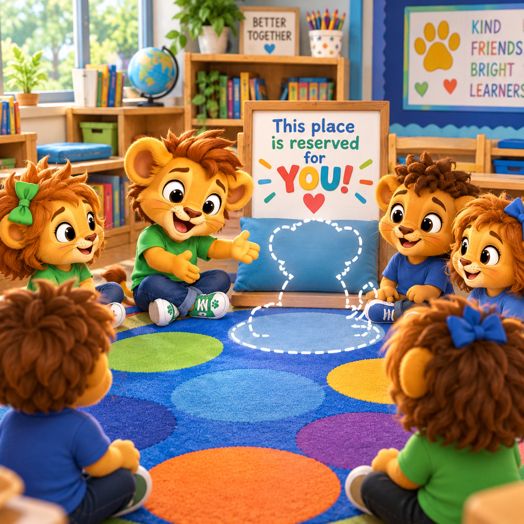 Animated lions sit around a colorful rug. Text on a whiteboard reads, "This place is reserved for YOU!"