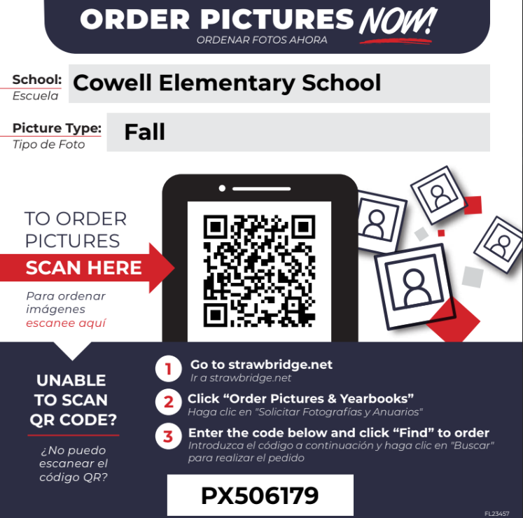 An advertisement displays options to order pictures. It features a QR code for ordering, a phone, and icons of people.