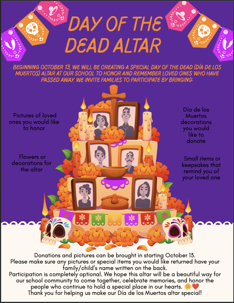 Multicolored poster with Day of the Dead altar image at center, surrounded by text. Altar has multiple levels with candles, skulls, photos, flowers.