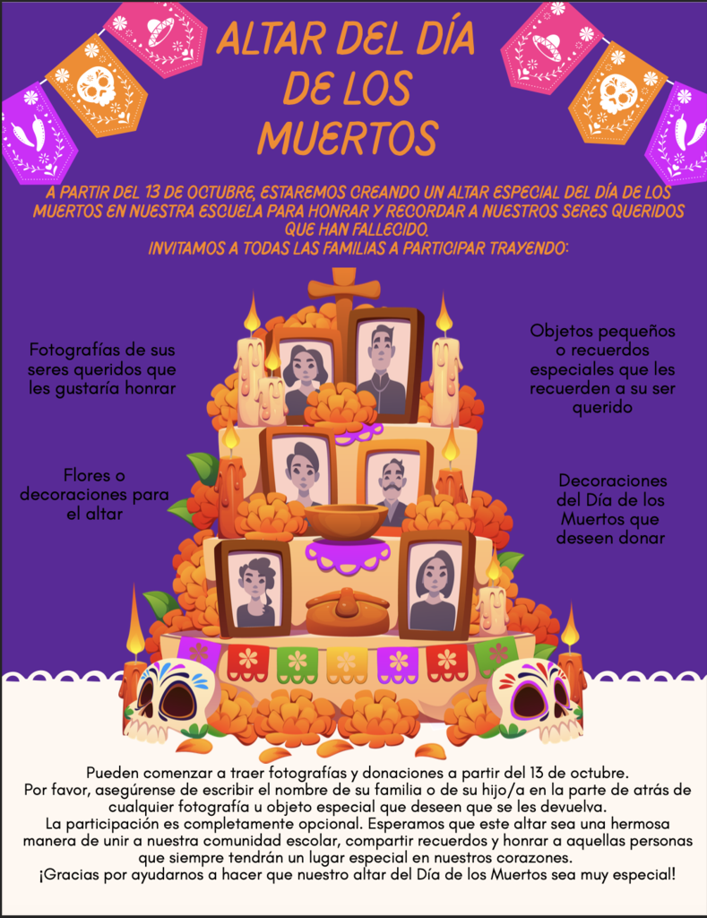 Poster with "Altar Del Dia De Los Muertos" in bold text. A decorative altar shows candles, photos, marigolds, and other items.
