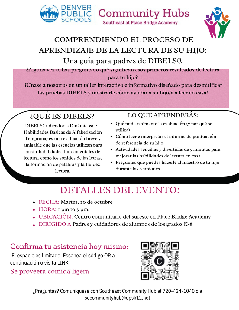 Flyer with text in both English and Spanish. Information about an event in Spanish and contact details. QR code for link.