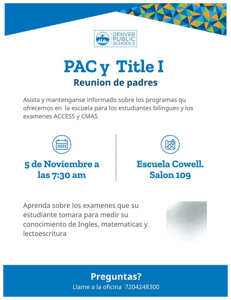 Flyer for a parent meeting with Denver Public Schools. The flyer contains text in Spanish and English.