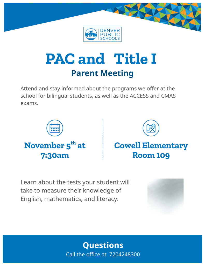 A flyer displays information about a meeting for PAC and Title I, with dates, times, and room number.