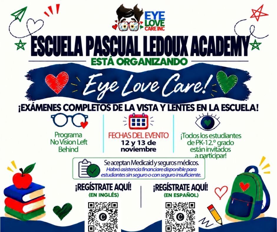 Eye Love Care flyer for school vision and lens exams. Dates, registration, and QR codes visible.