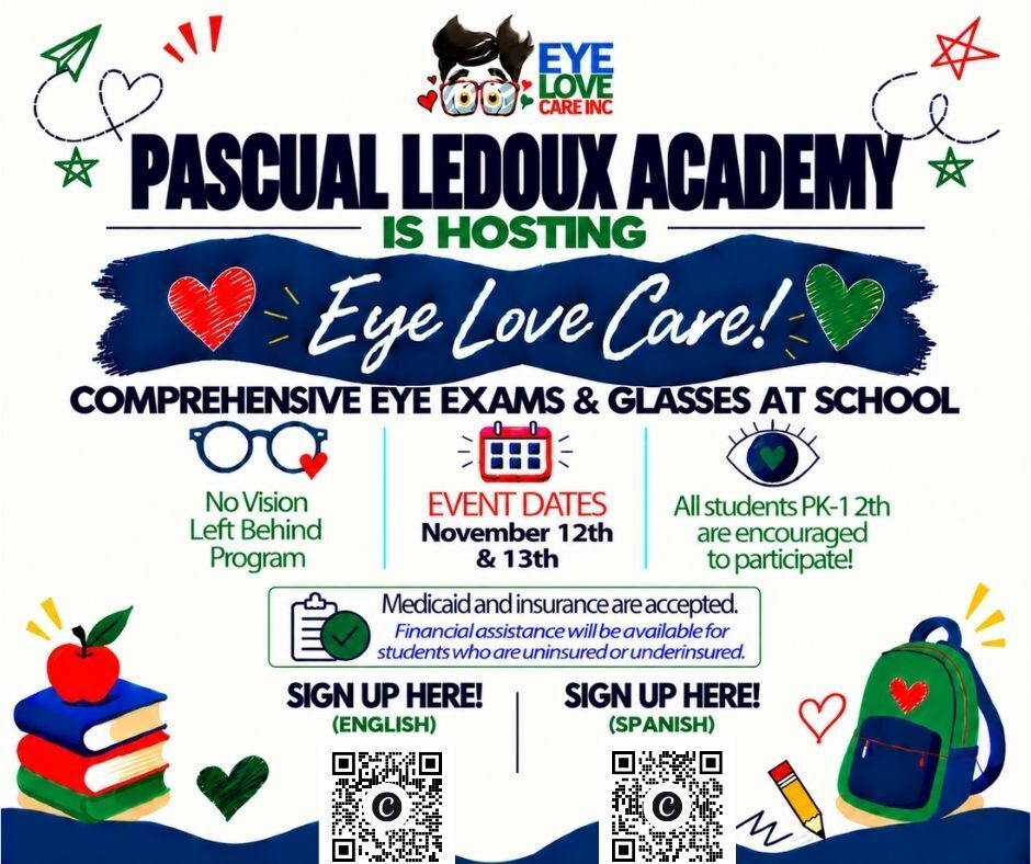 Flyer for comprehensive eye exams and glasses at school on Nov 12 and 13. Text, hearts, apple, books, backpack, glasses, and QR codes.