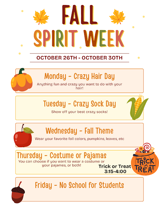 Fall Spirit Week from October 26th to October 30th. Days listed with icons and short descriptions.