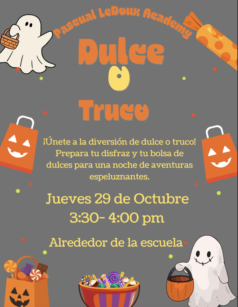 Halloween themed flyer with ghost and pumpkin icons. It reads "Dulcez y Truco" with a date, time, and location.