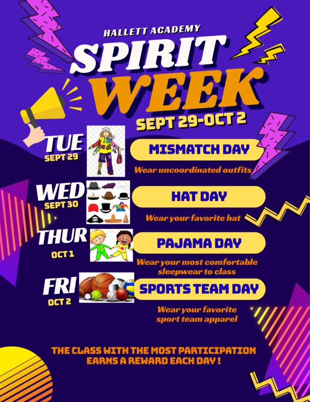 image of a flyer promoting spirit week at Hallett Academy