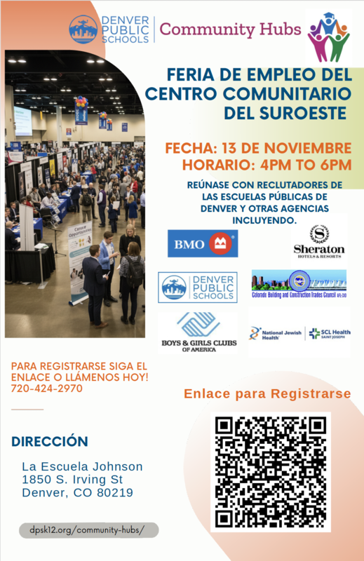 southwest community hub hiring fair flyer in Spanish