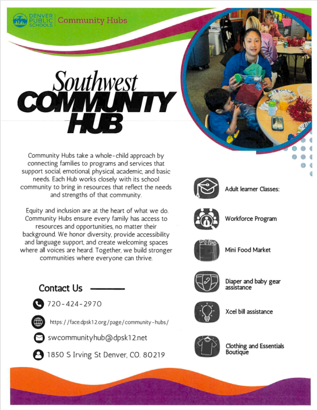 Southwest Community Hub English flyer explaining services they provide as well as contact information.