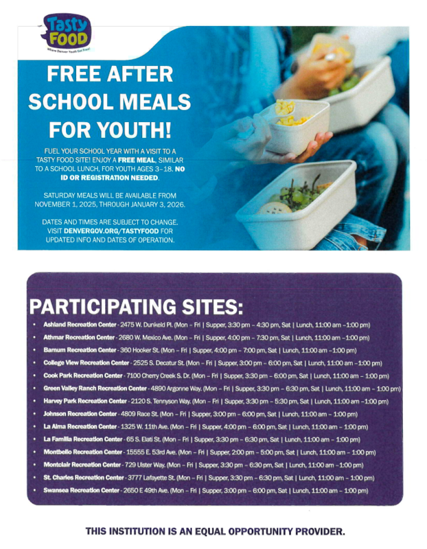 English Flyer for Free after school meals and participating  site addresses