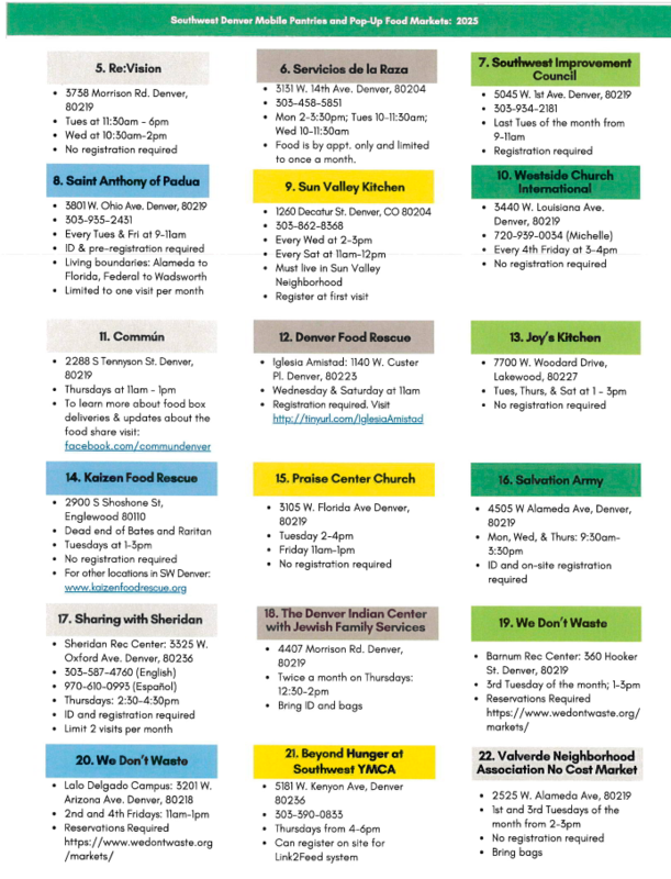 English Flyer with information for Southwest Denver Mobile Pantries and Pop-Up food markets