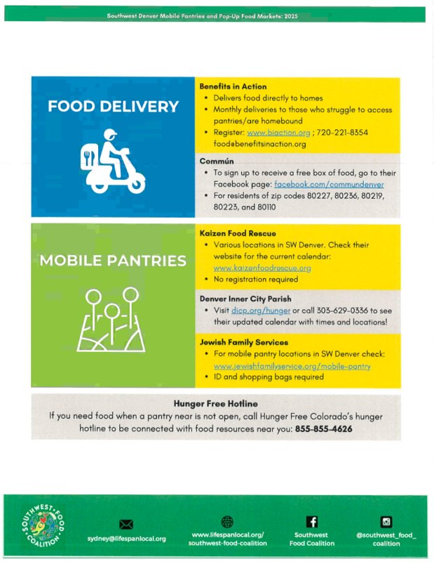 English Flyer with information for Southwest Denver Mobile Pantries and Pop-Up food markets