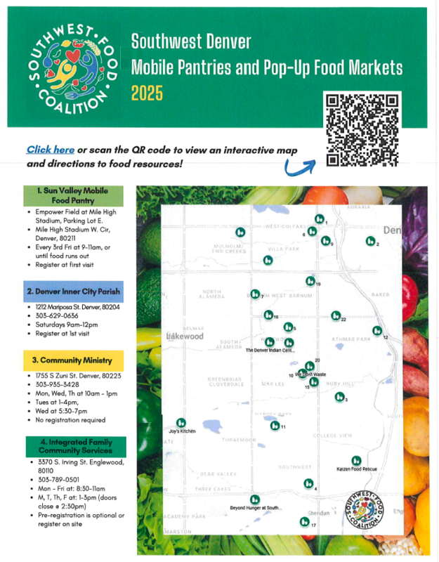 English Flyer with information for Southwest Denver Mobile Pantries and Pop-Up food markets