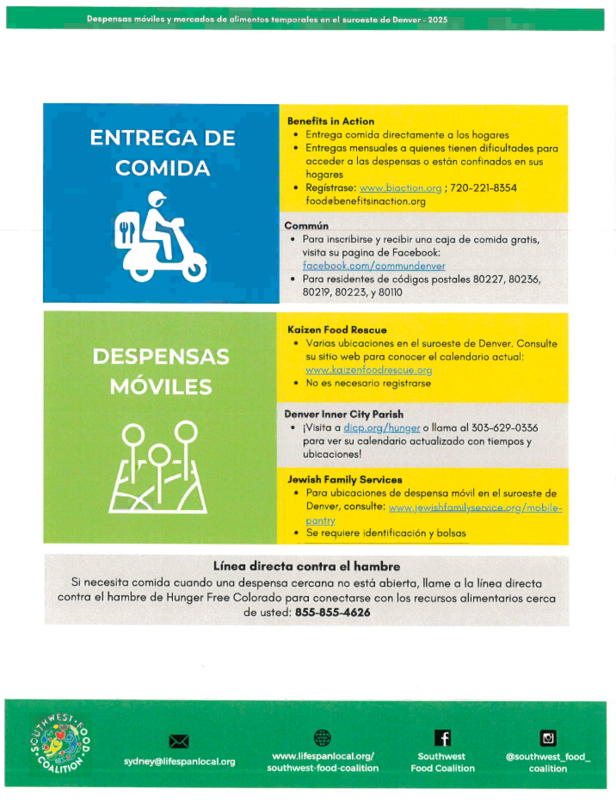 Spanish Flyer with information for Southwest Denver Mobile Pantries and Pop-Up food markets
