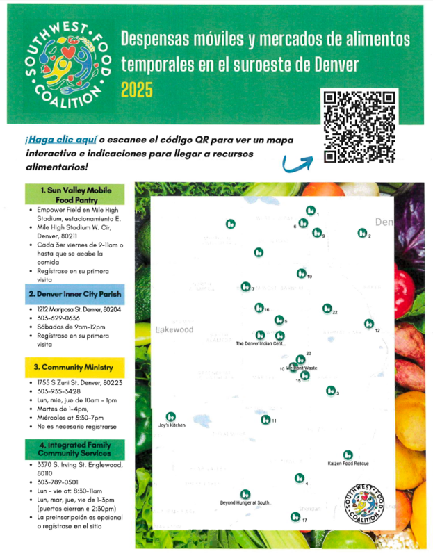 Spanish Flyer with information for Southwest Denver Mobile Pantries and Pop-Up food markets