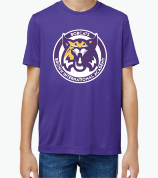 Purple short sleeve shirt with Brown logo