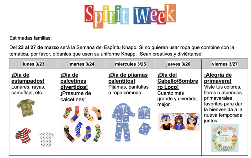 Image of Spirit Week showing each day's theme in Spanish..