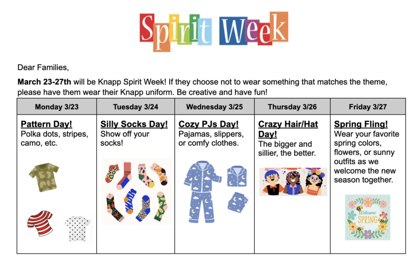 Image of Spirit Week showing each day's theme in English.