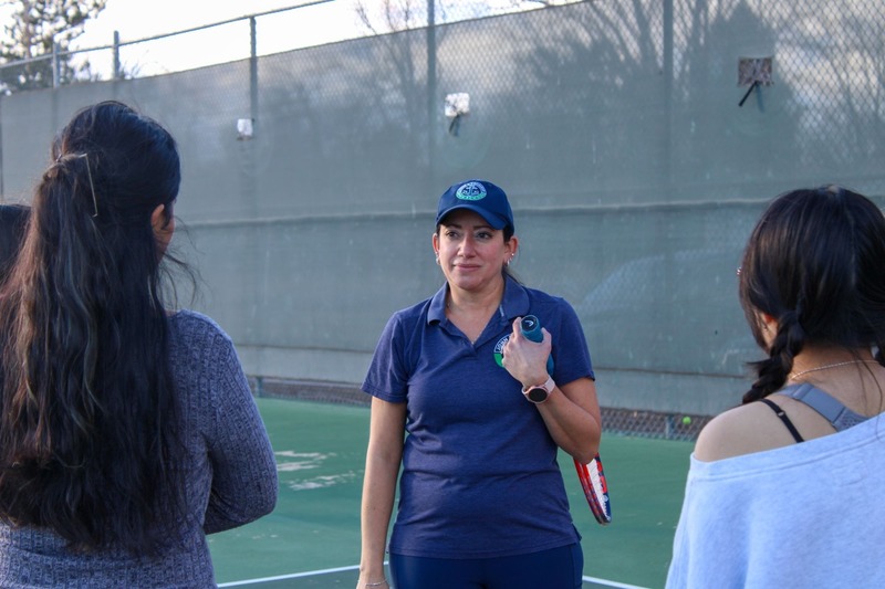 Crystal talking with students