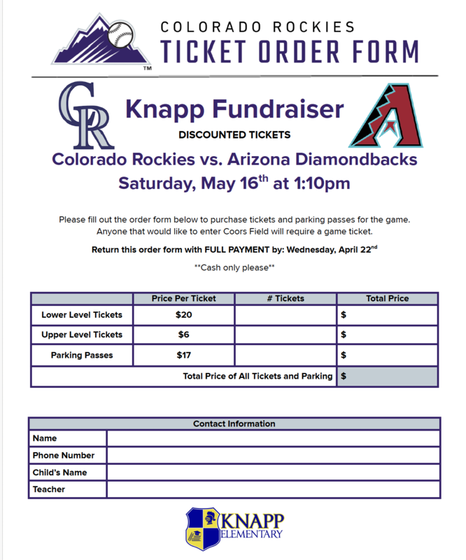Order form for the Knapp Fundraise Colorado Rockies vs Arizona Diamondbacks in English