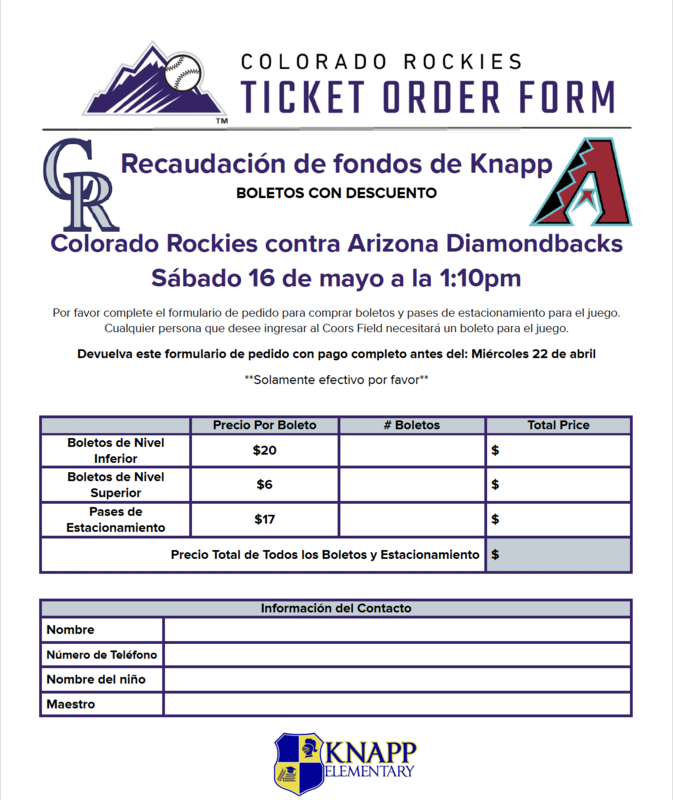 Order form for the Knapp Fundraise Colorado Rockies vs Arizona Diamondbacks in Spanish