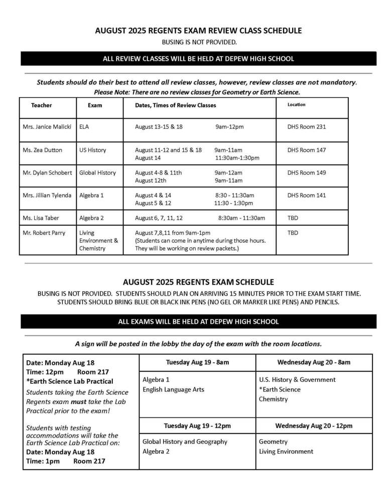 August Regents Exam Schedule 